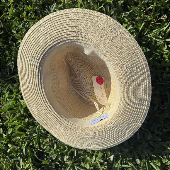 Hand Beaded BRAND NEW Straw Hat with Blue Accents NWT White Trim main image 2